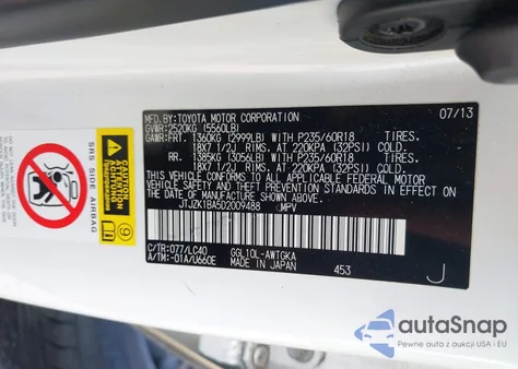 2013 Lexus Rx 350 z USA, uszkodzony, nr VIN JTJZK1BA5D2009488